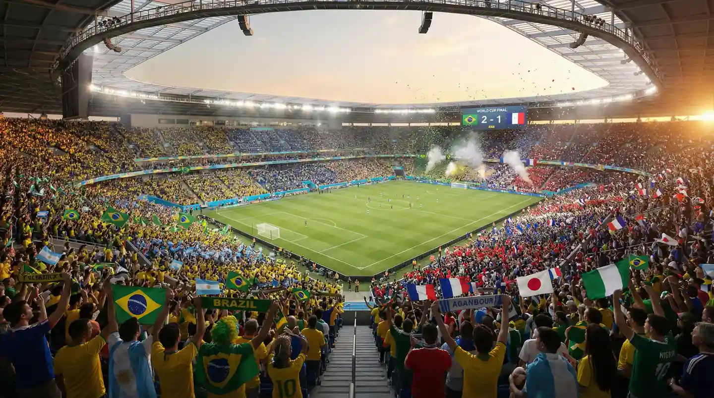 Panoramski pogled na prepuni nogometni stadion s navijačima raznih zemalja