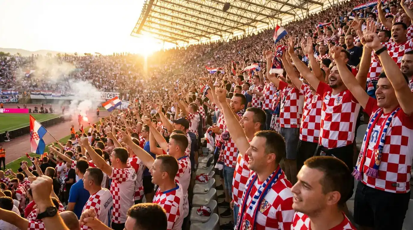 Hrvatski nogometni navijači slave na tribinama u crveno-bijelim dresovima