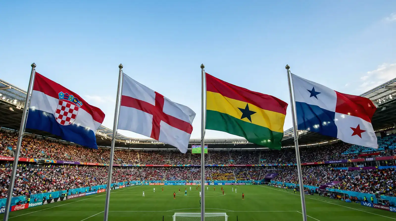 Zastave Hrvatske, Engleske, Gane i Paname na nogometnom terenu