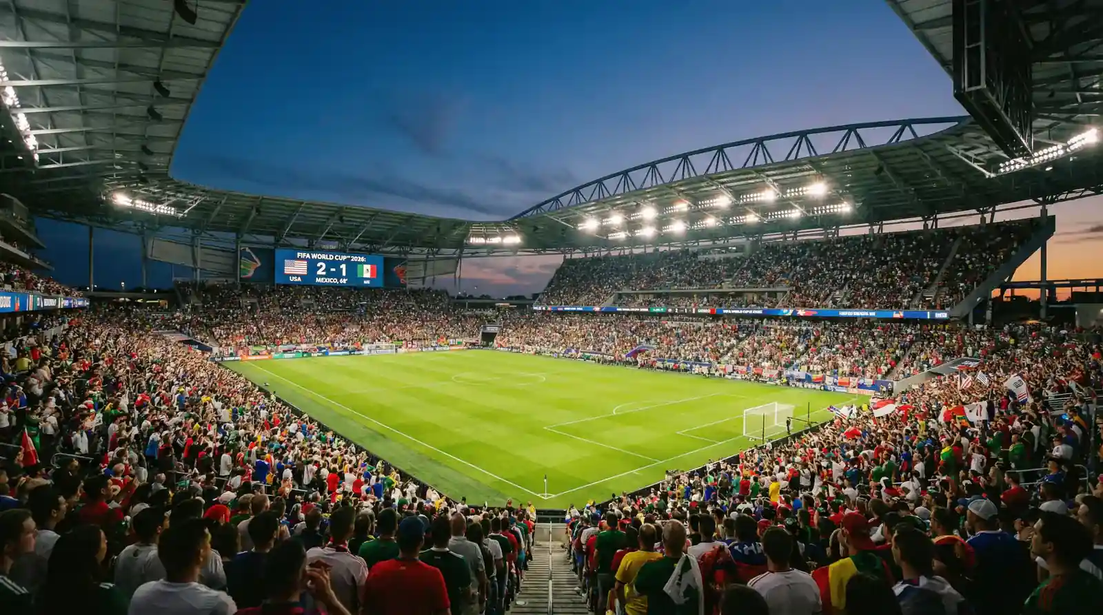 Moderni nogometni stadion pun navijača tijekom večernje utakmice