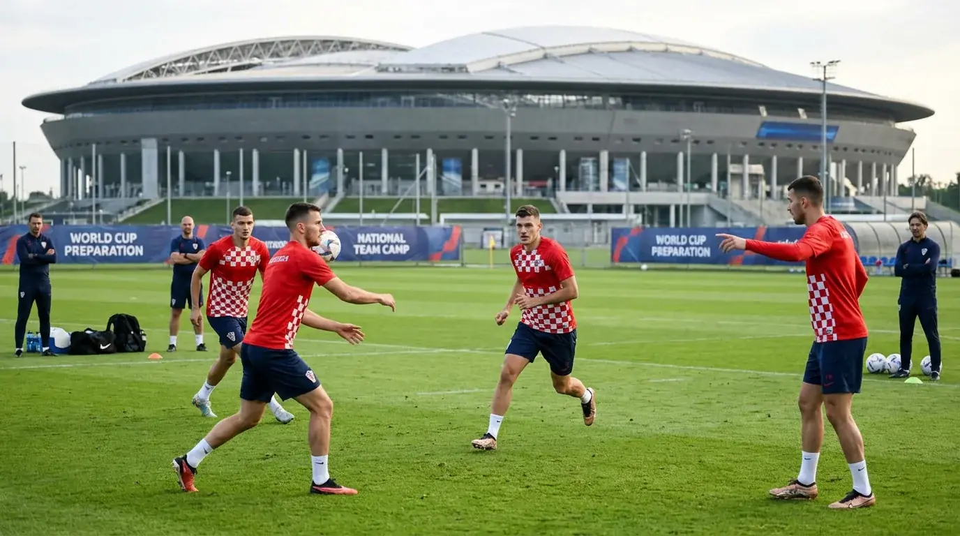 Hrvatski nogometni igrači u crveno-bijelim dresovima na treningu